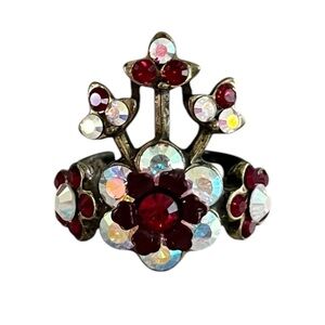 Michal Negrin Swarovski Crystals Floral Red White Brass Adjustable Cocktail Ring